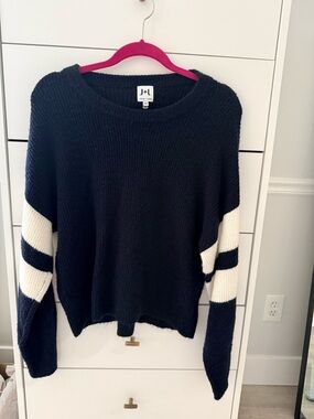John + Jenn Navy Crewneck Sweater with White Sleeve Stripes- size M